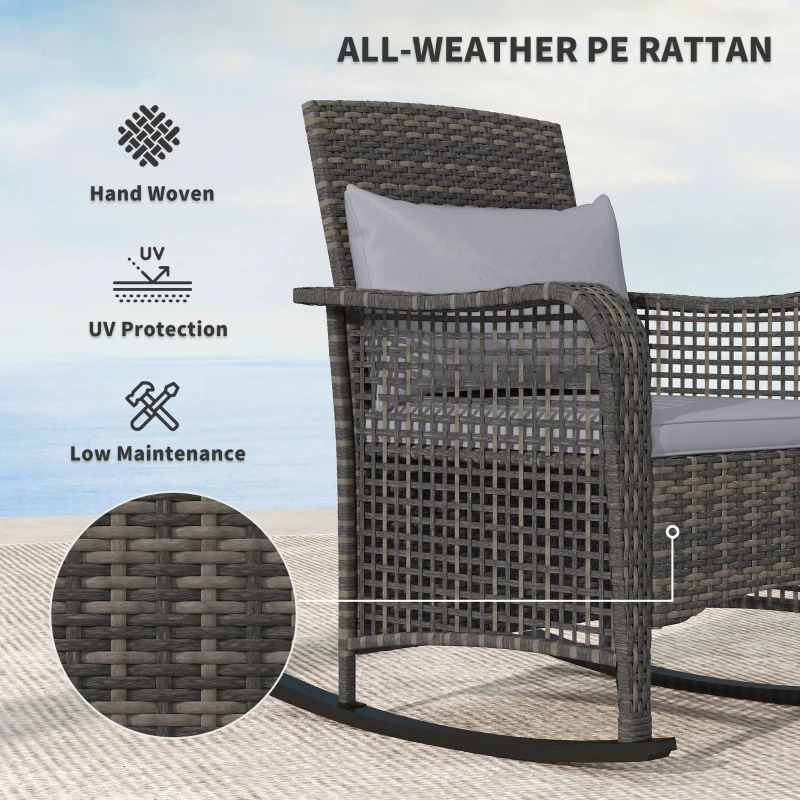 Best Garden Rocking Chair, Outdoor Rattan Rocker Lounge Chair with Seat and Back Cushions, Patio Armchair Seat with All-weather Wicker, Steel Frame for Porch Balcony, Light Grey - Image 4