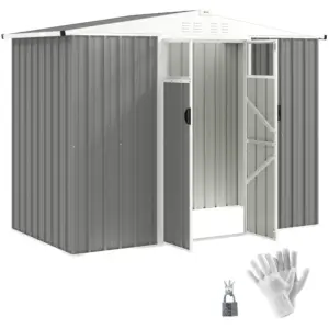 Best 8 x 4 ft Metal Garden Shed, Garden Storage Shed with Window, 4 Vents and Lockable Door, Waterproof Galvanised Steel Tool Storage Shed, Light Grey