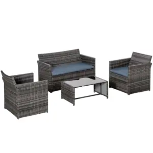 Best 4 Pieces PE Rattan Garden Sofa Set with Cushions, Outdoor Patio Wicker Weave Conservatory Furniture Set with a Loveseat, 2 Armchairs and a Glass Top Coffee Table, Grey