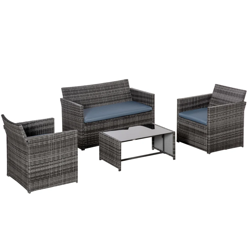 Best 4 Pieces PE Rattan Garden Sofa Set with Cushions, Outdoor Patio Wicker Weave Conservatory Furniture Set with a Loveseat, 2 Armchairs and a Glass Top Coffee Table, Grey