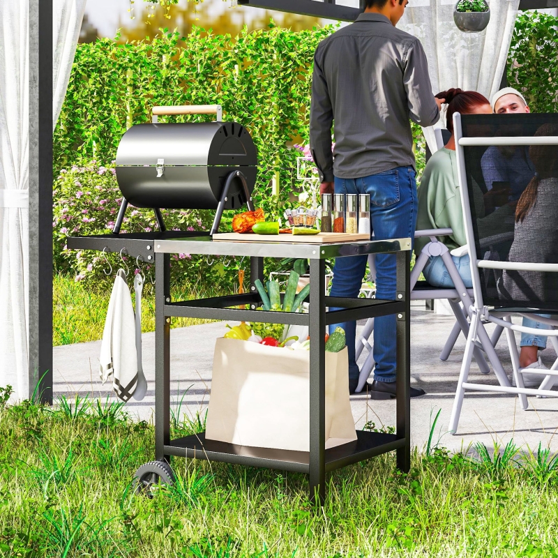 Best BBQ Trolley with Stainless Steel Top and Foldable Side Table, Outdoor Kitchen BBQ Station with Hooks and Shelf, Pizza Oven Table Movable Outdoor Grill Dining Cart with Cover, Black - Image 10