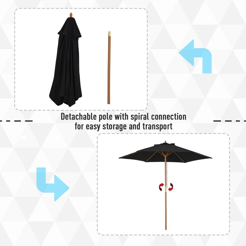 Best Wooden Garden Umbrella Sun Shade with Top Vents, Bamboo Ribs and Sturdy Wood Pole, Black - Image 4