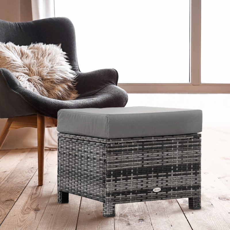 Best Rattan Footstool Wicker Ottoman with Padded Seat Cushion Outdoor Patio Furniture for Garden Poolside Living Room, 50 x 50 x 35 cm, Grey - Image 12