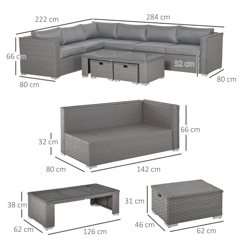 Best 6 Pieces Outdoor PE Rattan Wicker Corner Sofa Set with 10cm Thick Padded Cushions, Aluminium Conservatory Furniture with Glass Top Coffee Table, Footstools, Grey - Image 3