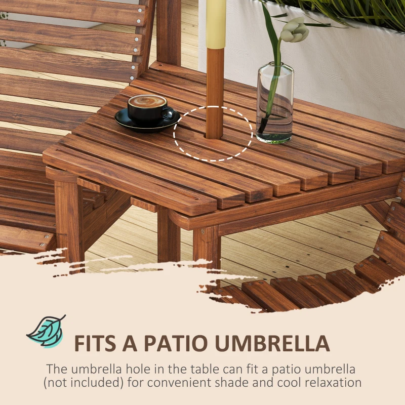 Best Wooden Garden Love Seat w/ Coffee Table Umbrella Hole, Tan Brown - Image 5