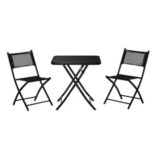 Best 3 Pieces Garden Bistro Set, Folding Patio Table with Glass Table Top and 2 Chairs, Outdoor Furniture Set for Garden and Porch, Black