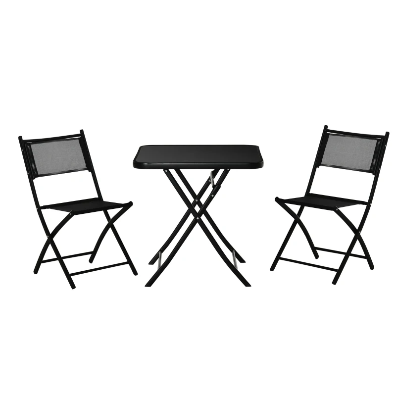 Best 3 Pieces Garden Bistro Set, Folding Patio Table with Glass Table Top and 2 Chairs, Outdoor Furniture Set for Garden and Porch, Black