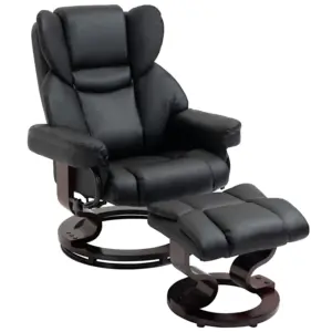 Best Faux Leather Recliner Chair and Footstool, Swivel Upholstered Armchair and Footstool with Adjustable Backrest, Solid Wood Base for Living Room, Black