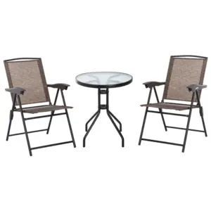 Best 3 Piece Outdoor Bistro Set, Patio Conversation Furniture Set with 2 Folding Backrest Adjustable Armchairs and Glass Top Coffee Table, Brown