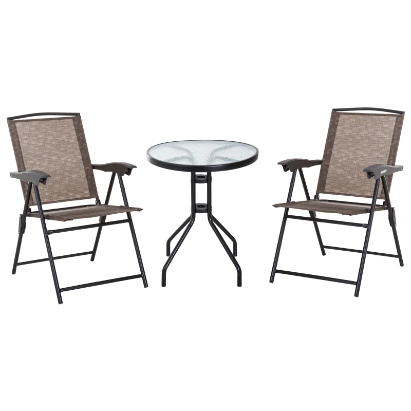 Best 3 Piece Outdoor Bistro Set, Patio Conversation Furniture Set with 2 Folding Backrest Adjustable Armchairs and Glass Top Coffee Table, Brown