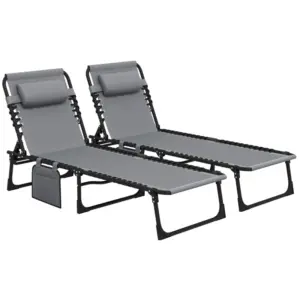 Best Portable Sun Lounger Set of 2, Folding Camping Bed Cot, Reclining Lounge Chair 5-position Adjustable Backrest with Side Pocket, Pillow for Patio Garden Beach Pool, Grey