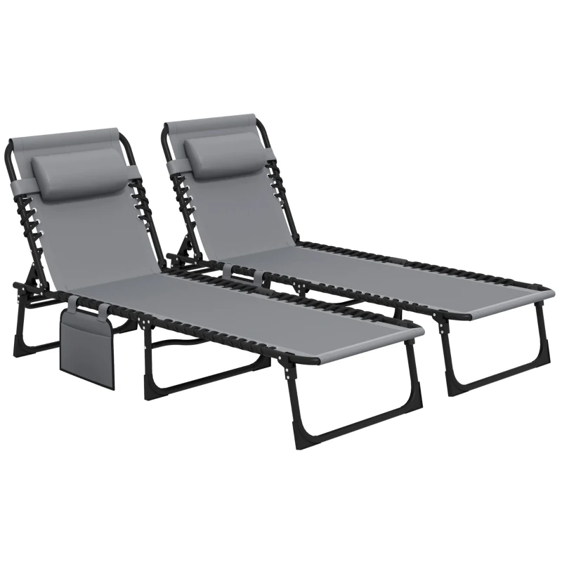 Best Portable Sun Lounger Set of 2, Folding Camping Bed Cot, Reclining Lounge Chair 5-position Adjustable Backrest with Side Pocket, Pillow for Patio Garden Beach Pool, Grey