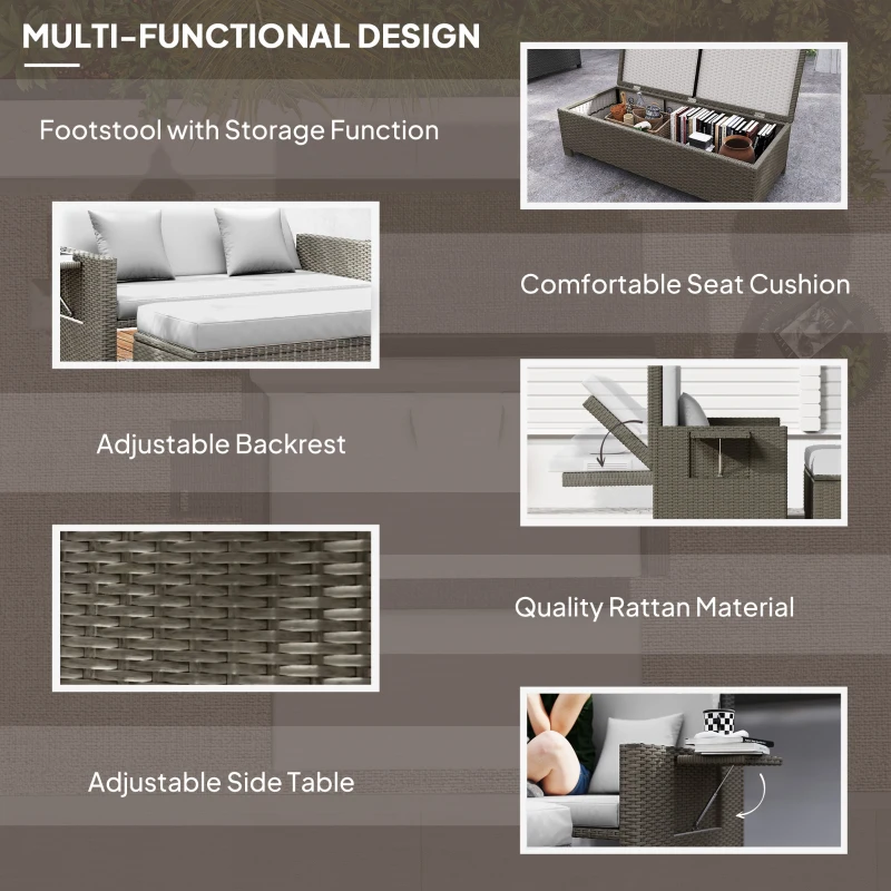 Best Rattan Day Bed, with Footstool - Light Grey - Image 6
