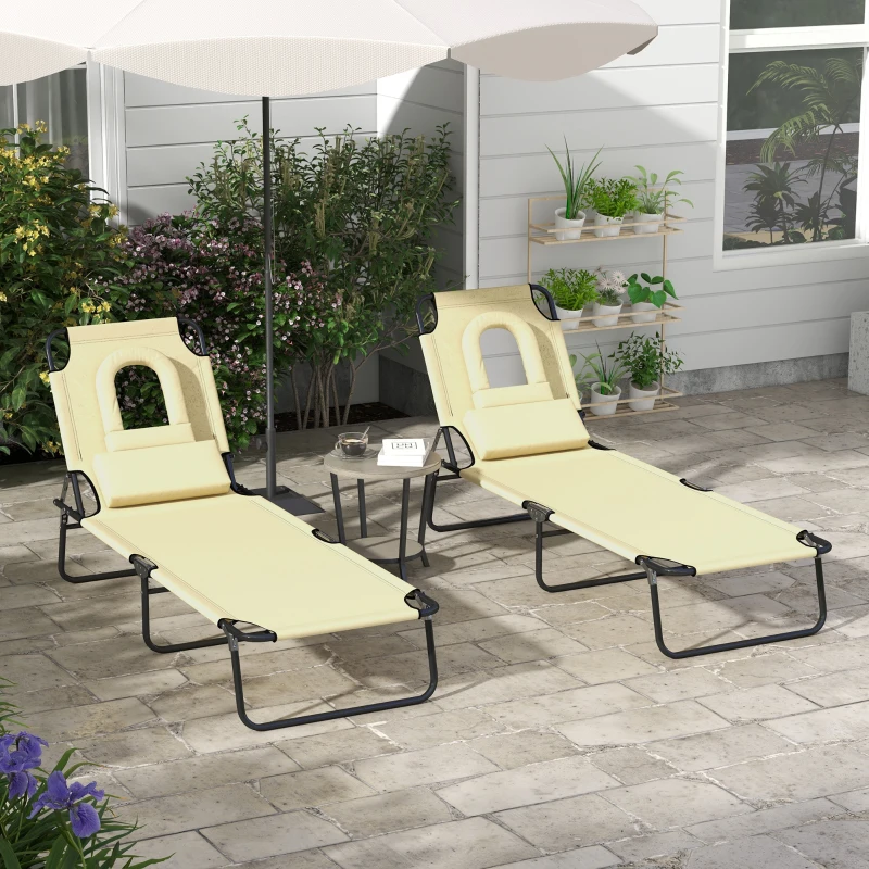 Best Outdoor Folding Sun Lounger Set of 2 with Face Hole, 4 Level Adjustable Backrest Reclining Garden Lounger, Garden Recliner Sunbed with 600 D Oxford Cloth Seat and Pillow for Beach, Beige - Image 2