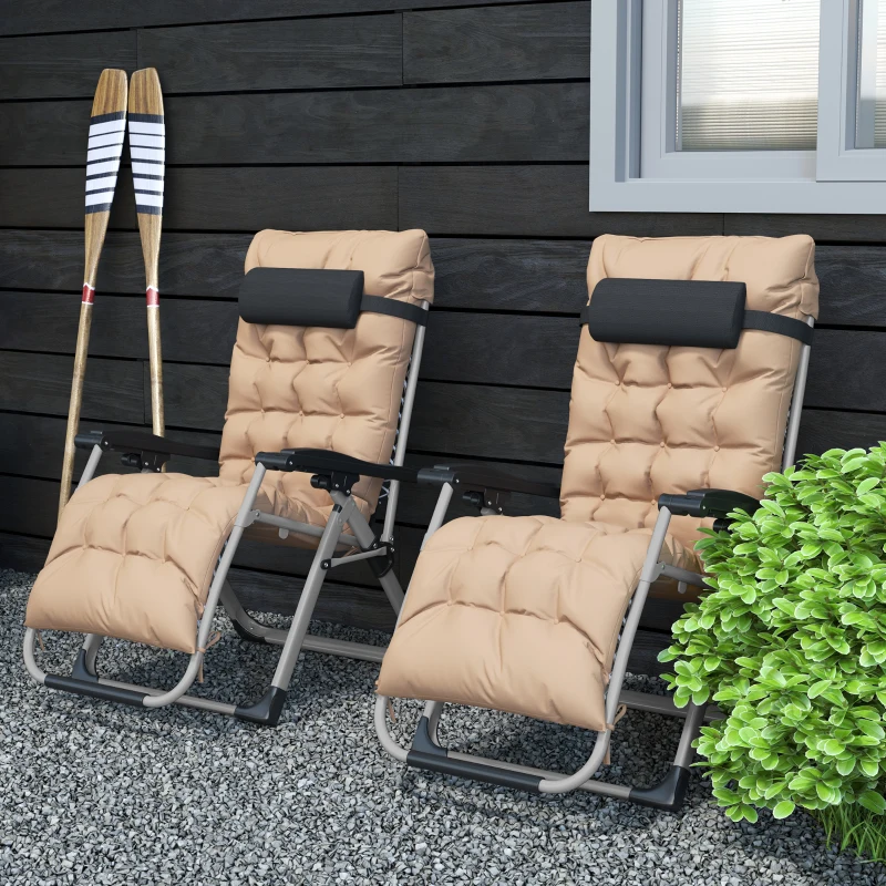 Best 2 Piece Reclining Zero Gravity Sun Loungers with Cushions, Khaki - Image 8