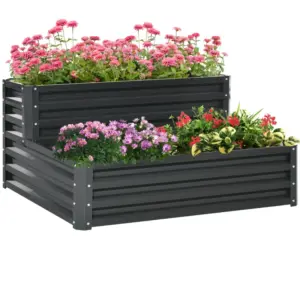 Best 2 Tier Raised Garden Bed, Galvanised Planter Box with Open Bottom for Vegetables Flowers Herbs, 120x101x58cm, Dark Grey