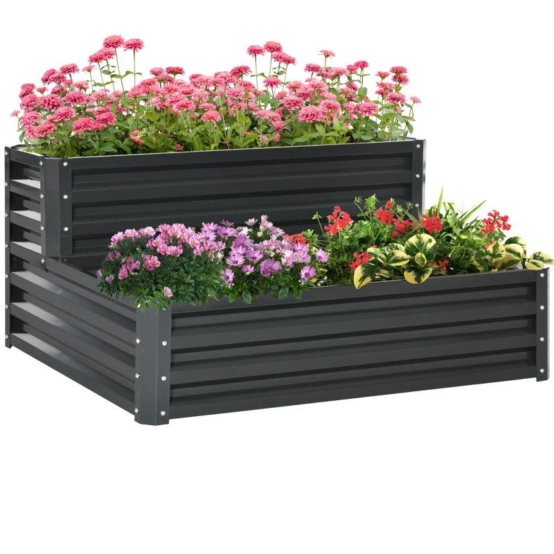 Best 2 Tier Raised Garden Bed, Galvanised Planter Box with Open Bottom for Vegetables Flowers Herbs, 120x101x58cm, Dark Grey