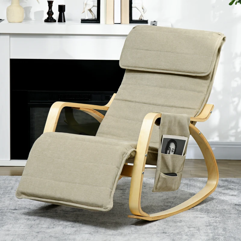 HOMCOM Rocking Lounge Chair Recliner Relaxation Lounging Relaxing Seat with Adjustable Footrest, Side Pocket and Pillow, Khaki - Image 2