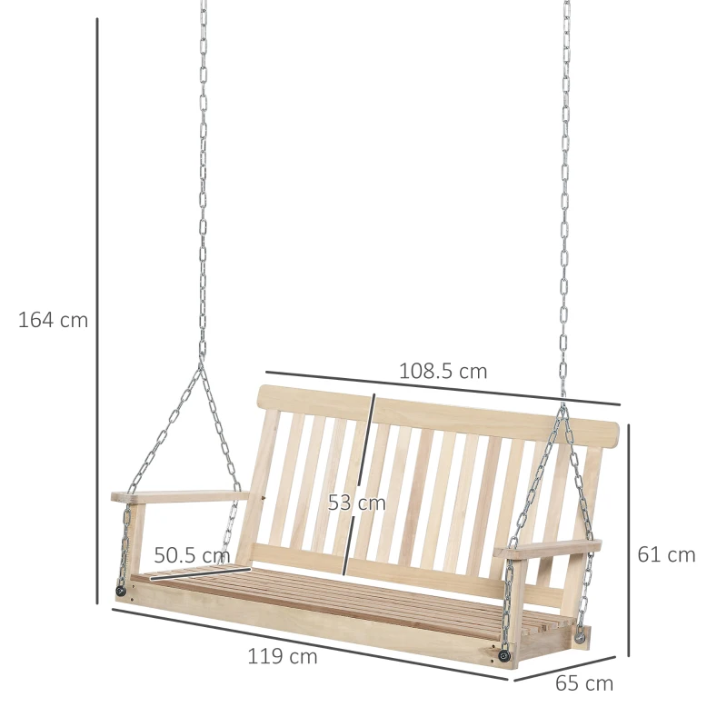 Best Outdoor Wooden Swing Bench 2-Seater Porch Swing Chair Hanging Hammock Garden Furniture, Natural - Image 3