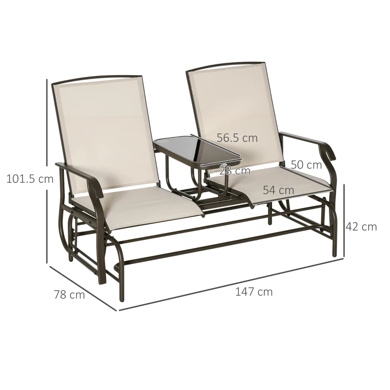 Best 2 Seats Garden Glider Bench, Metal Frame Loveseat with Glass Top Centre Table, Porch Rocking Glider for 2 Person, for Deck, Patio, Brown/ Khaki - Image 3