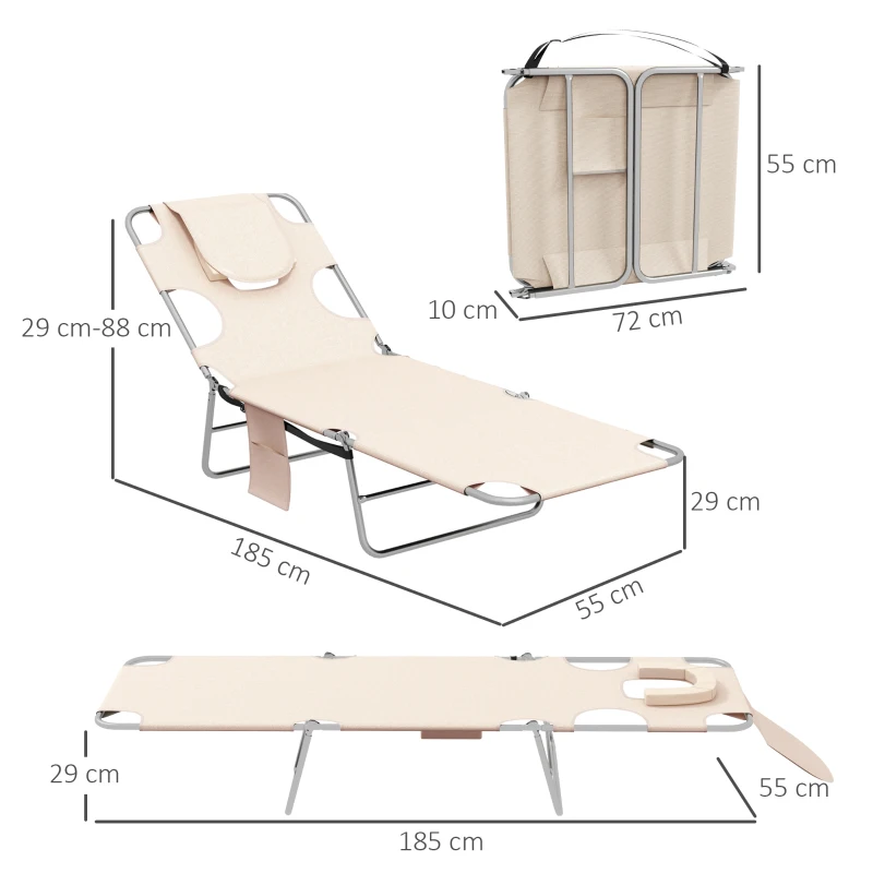 Best Foldable Sun Lounger Set of 2, Beach Chaise Lounges with Reading Hole, Arm Slots, 5-Position Adjustable Backrest, Side Pocket, Pillow for Patio, Garden, Beach, Pool, Beige - Image 3