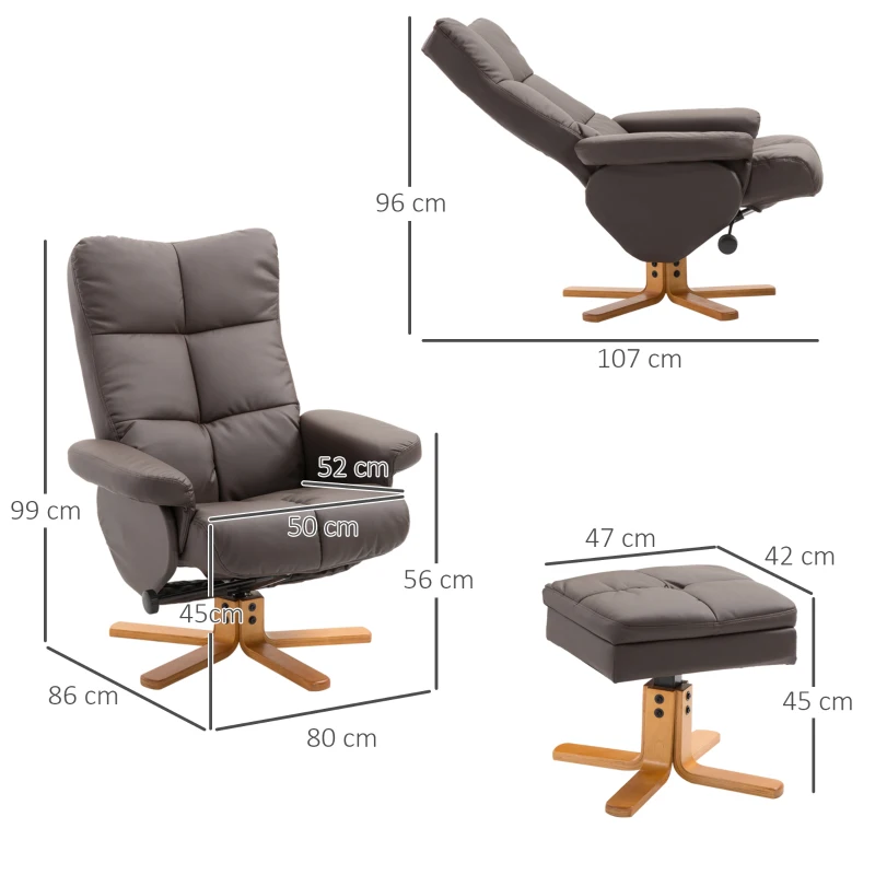 Best Recliner Armchair, Swivel Reclining Chair With Ottoman, Swivel Faux Leather Chair with Wooden Base and Storage Footstool for Living Room, Brown - Image 3