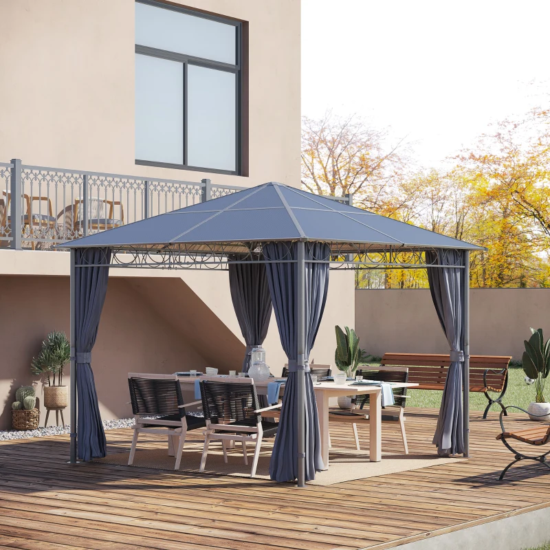 Best 3 x 3(m) Hardtop Gazebo Canopy with Polycarbonate Roof, Permanent Pavilion Garden Gazebo with Curtains for Patio, Deck, Grey - Image 2