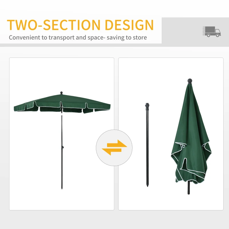 Best Garden Parasol Umbrella, Outdoor Market Table Umbrella with Ruffles & Aluminium Pole, Rectangular Tilting Parasol Sun Shade Canopy, 2 x 1.3m, Green - Image 5