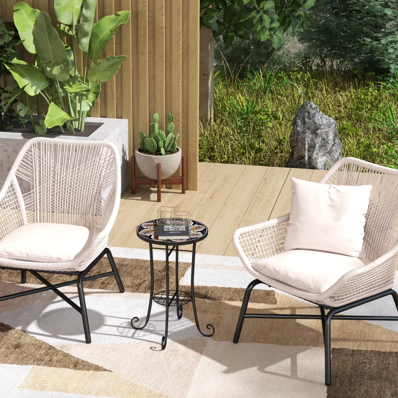 Best Mosaic Garden Table, 35.5 cm Round Outdoor Table with Shelf, Ceramic Tile Top, Small Garden Side Table Bistro Table End Table Plant Stand for Indoor, Patio, Balcony, Orange - Image 2