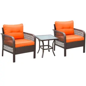 Best 3 Pieces Rattan Bistro Set with Glass Top Coffee Table, Chairs and Cushions for Outdoor, Patio, Balcony, Orange