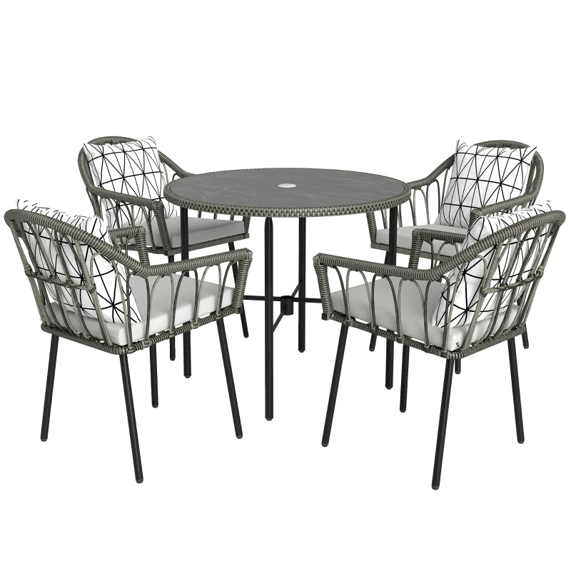 Best 5 Piece Patio Rattan Dining Set, Wicker Garden Table and Chairs w/ Removable Seat & Back Cushions, Round Tempered Glass Tabletop, Parasol Hole, Outdoor Furniture Conservatory Set, Grey