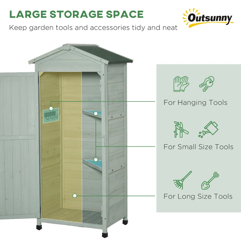 Best Wooden Garden Shed, Outdoor Storage Cabinet with 2 Shelves and Hooks, Locking Organiser Outdoor Narrow Tool House, 74x55x155cm, Green - Image 4