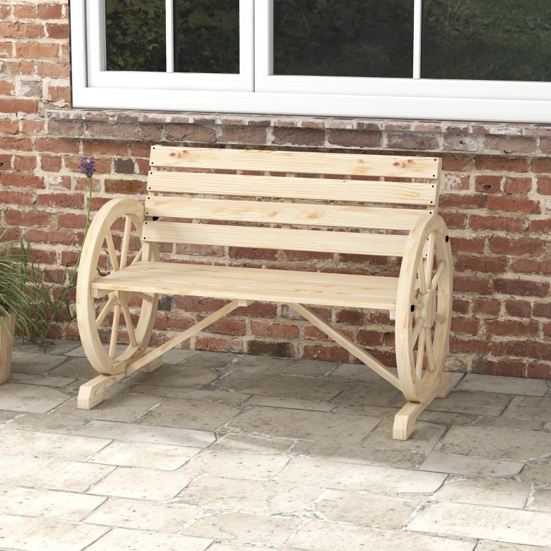 Best Wagon Wheel Chair Bench Armrest Rustic Loveseat Wood Outdoor Garden, Natural - Image 10