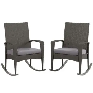 Best Outdoor PE Rattan Rocking Chair Set of 2, Garden Rocking Chair Set with Armrest and Cushion, Grey