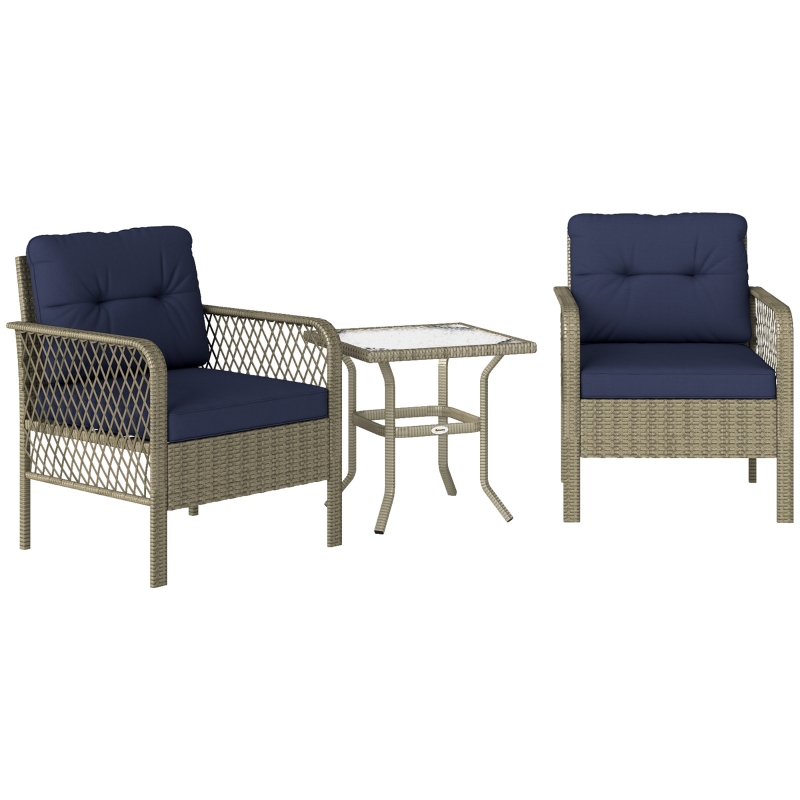 Best 3 Pieces Rattan Bistro Set with Glass Top Coffee Table, Chairs and Cushions for Outdoor, Patio, Balcony, Charcoal Grey - Image 11