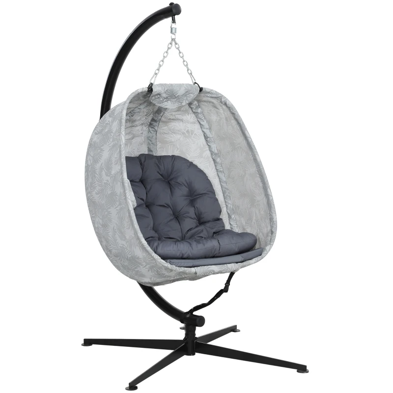 Best Hanging Egg Chair Outdoor Indoor Garden Swing Chair with Folding Basket, Garden Hanging Chair with Stand, Thickened Cushion, Cup Holder for Patio, Balcony, Grey