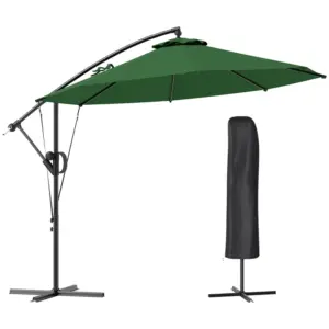 Best 3(m) Garden Cantilever Parasol with Cover and Wind Protection Strap, Round Overhanging Umbrella with Crank Handle and Tilt, Banana Patio Umbrella for Outdoor Sun Shade, UPF50+, Green