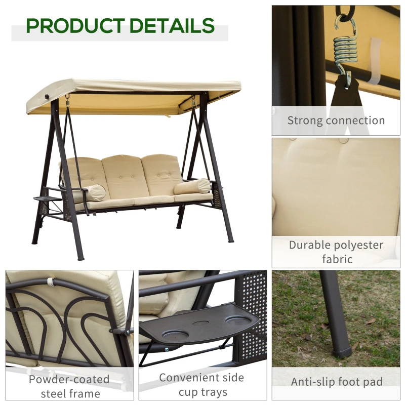 Best Swing Chair Hammock Chair 3 Seater Canopy Cushion Shelter Outdoor Bench Steel Beige - Image 6