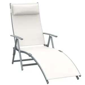 Best Sun Lounger Steel Frame Outdoor Folding Chaise Texteline Lounge Chair Recliner with Headrest & 7 Levels Adjustable Backrest, Cream White