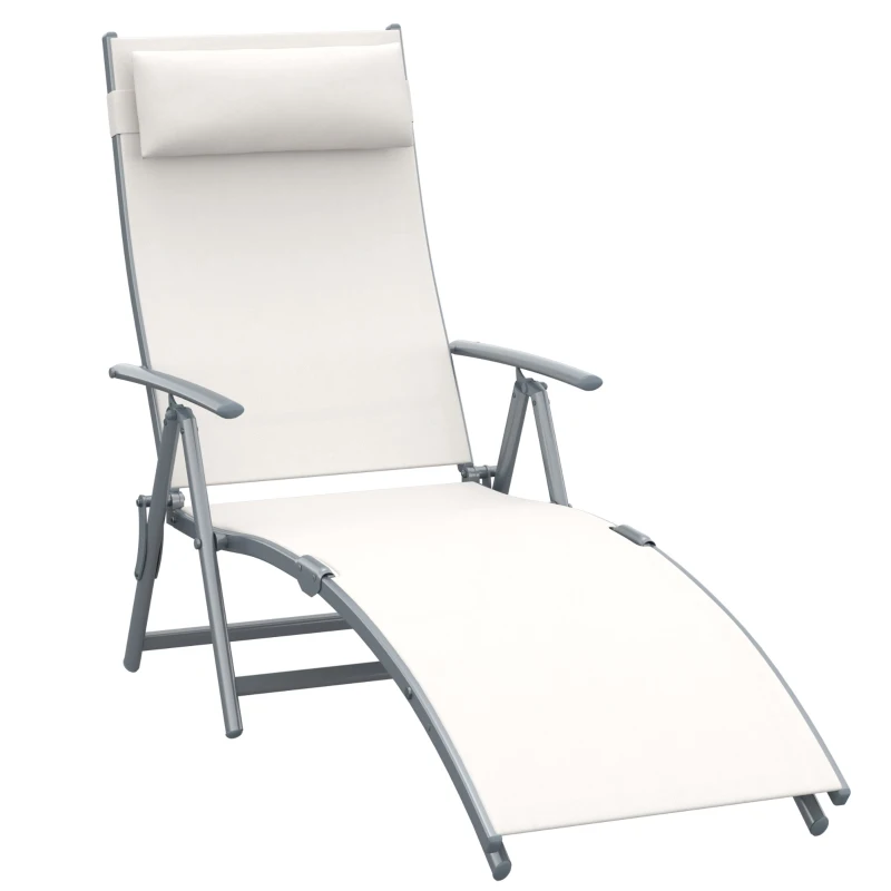 Best Sun Lounger Steel Frame Outdoor Folding Chaise Texteline Lounge Chair Recliner with Headrest & 7 Levels Adjustable Backrest, Cream White