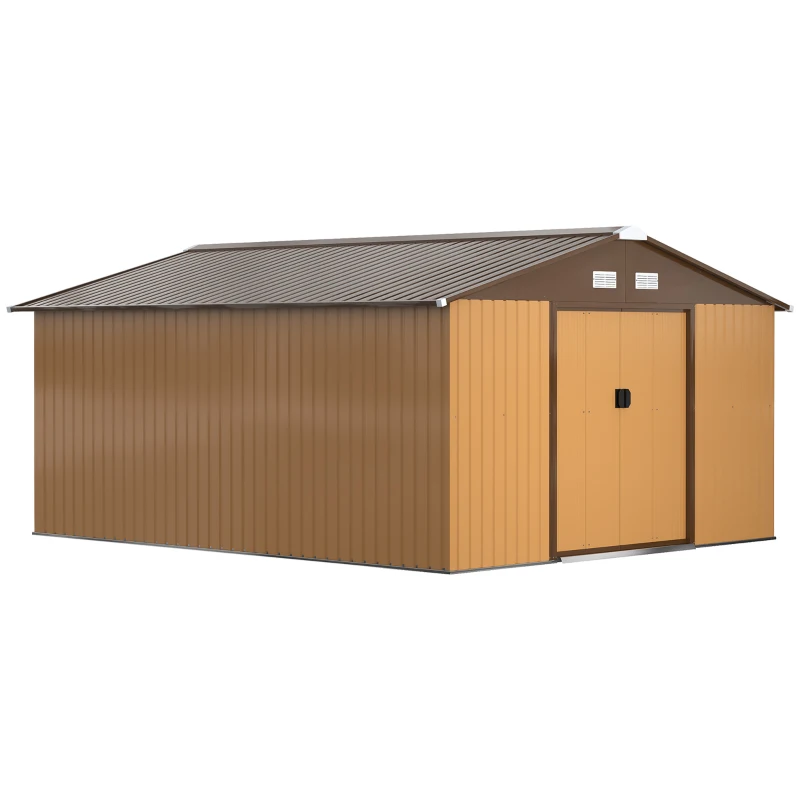 Best 13 x 11ft Metal Garden Shed, Outdoor Storage Tool House with Ventilation Slots, Foundation Kit and Lockable Double Doors, Light Brown