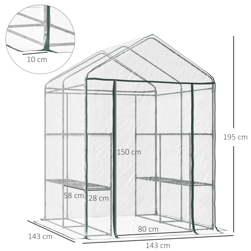 Best Walk in Greenhouse with 3-Tier 8 Shelves, Green House with Hemmed Cover, Roll-up Zipped Door, Steel Frame, 143 x 143 x 195cm - Image 3