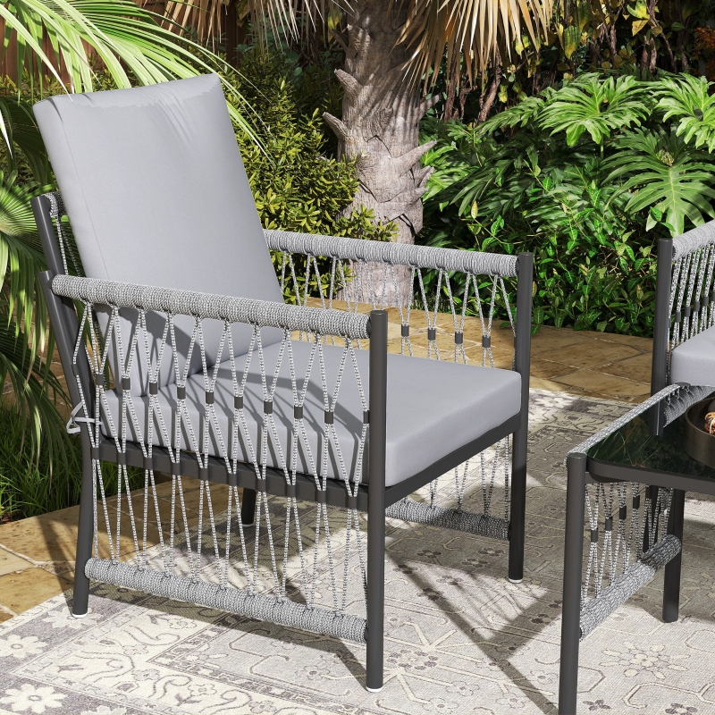 Best 4 Piece Rattan Garden Furniture Set, 4 Seater Wicker Patio Conversation Set with 2 Armchairs, Loveseat, Glass Top Coffee Table and Cushions for Outdoor, Balcony, Grey - Image 9