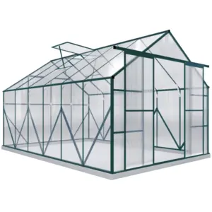Best 8 x 12ft Aluminium Greenhouse Polycarbonate Walk-in Garden Greenhouse Kit with Adjustable Roof Vent, Double Sliding Door, Rain Gutter and Foundation, Clear
