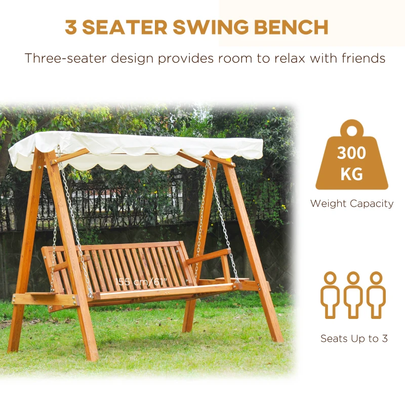 Best 3 Seater Garden Swing Seat with Canopy, Wooden Swing Chair, Outdoor Hammock Bench for Balcony Patio Porch, Cream White - Image 6