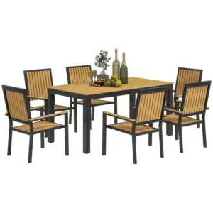 Best 6 Seater Garden Dining Set with Stackable Chairs, Aluminium Frame, Rectangular Plastic Top, Garden Furniture Set, Outdoor Dining Table and Chairs for Patio, Balcony, Poolside, Nature Wood