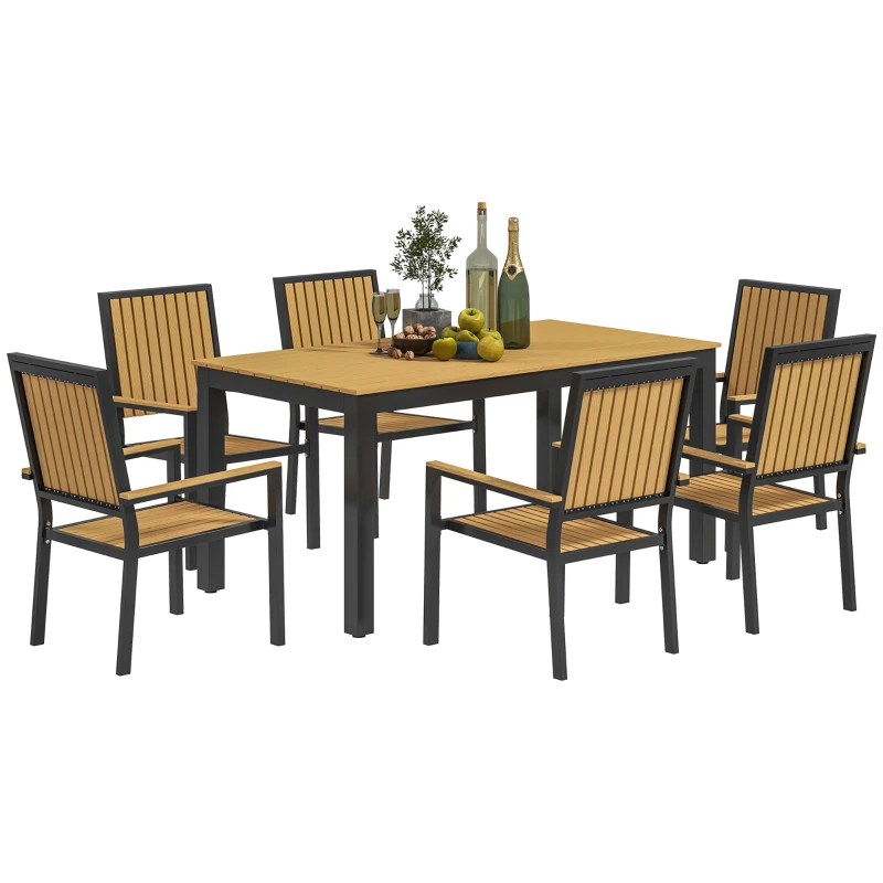 Best 6 Seater Garden Dining Set with Stackable Chairs, Aluminium Frame, Rectangular Plastic Top, Garden Furniture Set, Outdoor Dining Table and Chairs for Patio, Balcony, Poolside, Nature Wood