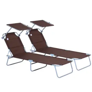 Best 2 Pieces Outdoor Foldable Sun Lounger, 4 Level Adjustable Backrest Reclining Sun Lounger Chair with Angle Adjust Sun Shade Awning for Beach, Garden, Patio, Brown
