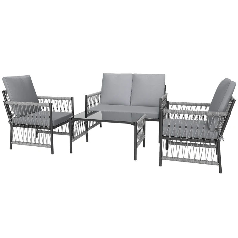 Best 4 Piece Rattan Garden Furniture Set, 4 Seater Wicker Patio Conversation Set with 2 Armchairs, Loveseat, Glass Top Coffee Table and Cushions for Outdoor, Balcony, Grey