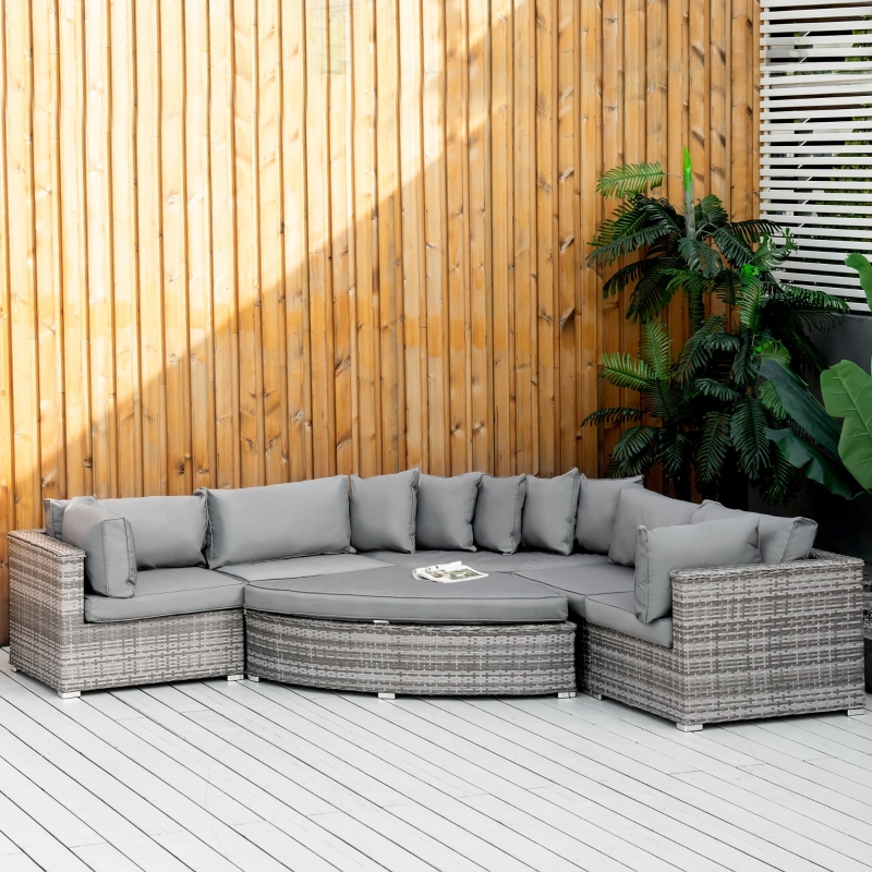 Best 6 Pieces Outdoor PE Rattan Wicker Sofa Set with 10cm Thick Padded Cushionsand Half Round Patio Conversation Furniture Set with Angled Corner Designand Ottomansand and Back Pillows, Grey - Image 10
